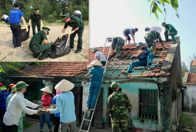 Đi dân nhớ, ở dân thương Cán bộ, chiến sĩ Đồn Biên phòng Trà Cổ tham gia chiến dịch “Hãy làm sạch biển” (ảnh nhỏ) và dỡ bỏ căn nhà cũ của ông Nguyễn Văn Dàu để xây dựng nhà mới Ảnh: CTV