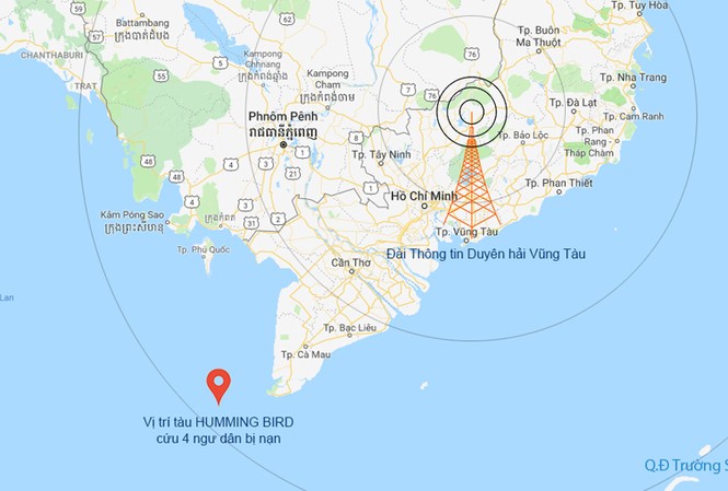 Tàu dầu Liberia cứu 4 ngư dân Việt Nam trôi dạt trên biển Vị trí tàu Humming Bird cứu được 4 ngư dân Việt Nam đang trôi dạt trên biển.