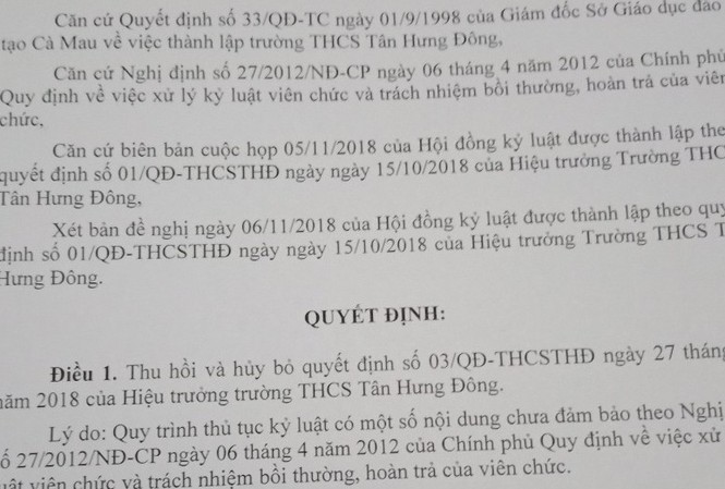Thu hồi quyết định buộc thôi việc cô giáo không chịu làm nhân viên Thu hồi quyết định buộc thôi việc cô giáo không chịu làm nhân viên
