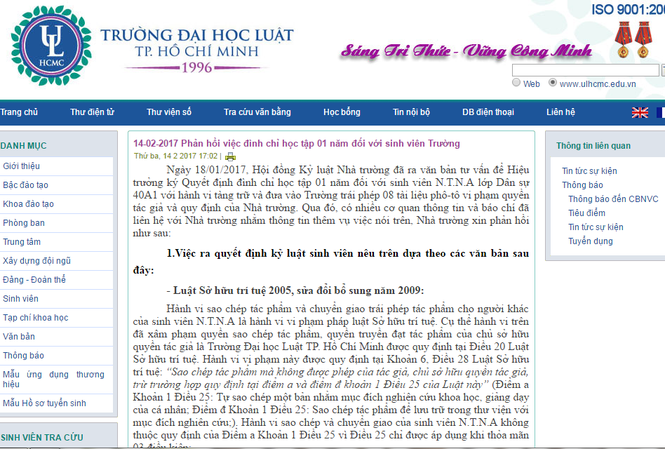 Đại học Luật TPHCM kiên quyết xử lý nữ sinh mang giáo trình photo vào trường Thông báo được phát trên website của trường Đại học Luật TPHCM khẳng định trường kiên quyết xử lý vi phạm
