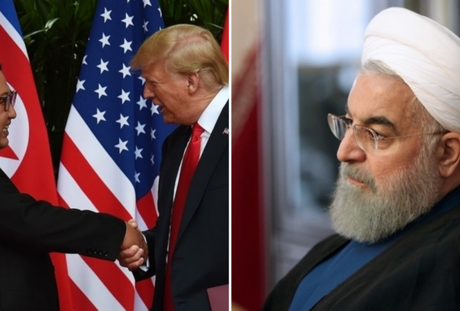 Iran khuyên Triều Tiên không nên đặt niềm tin vào Mỹ Từ trái sang: Chủ tịch Triều Tiên Kim Jong-un, Tổng thống Mỹ Donald Trump, Tổng thống Iran Hassan Rouhani. Ảnh: Middle East Eye