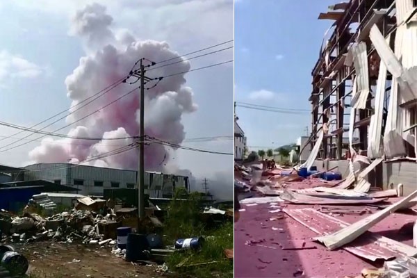 Nổ lớn khiến 10 người thương vong, nhà máy hoá chất bốc khói hồng Hiện trường vụ nổ. Ảnh: Tân Hoa Xã