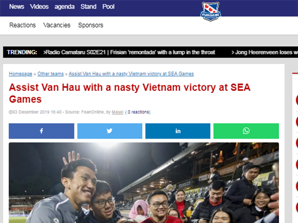 U22 Việt Nam hạ Singapore, báo Hà Lan khen ngợi Văn Hậu Trang Fean Online dành những lời khen ngợi cho Văn Hậu.