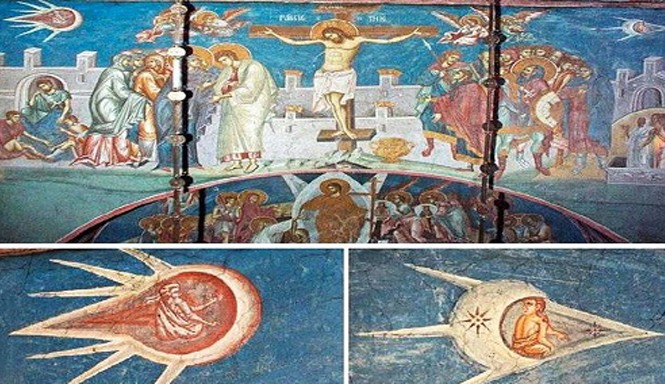 Sững sờ với 'bằng chứng' về UFO trong tranh vẽ thời Phục Hưng Bức tranh tường "Chúa Jesus bị đóng đinh trên cây thánh giá". Ảnh: Tu viện Visoki Decani, Nam Tư.