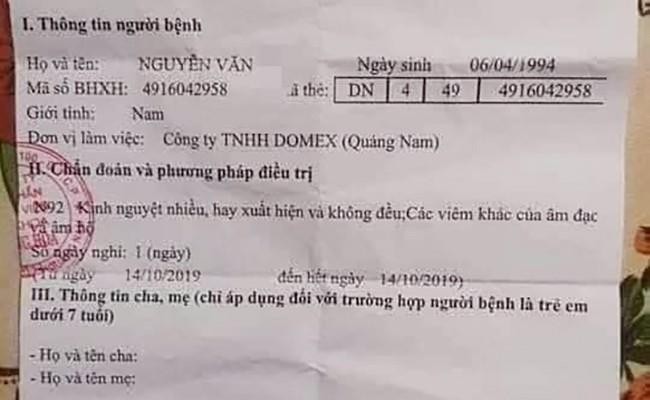 Đi khám bệnh, nam thanh niên được chẩn đoán 'kinh nguyệt nhiều' Giấy chứng nhận nghỉ việc hưởng bảo hiểm xã hội của anh V. với chẩn đoán bệnh của nữ giới.