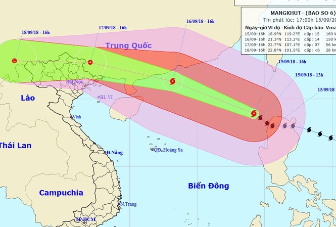 Siêu bão vào biển Đông, các tỉnh ban lệnh cấm biển từ chiều mai Bão Mangkhut đang di chuyển hướng về phía đất liền Trung Quốc