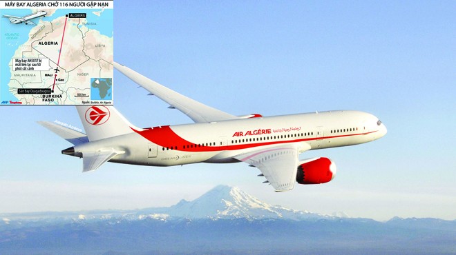 Máy bay Algeria chở 116 người rơi ở Mali do bão hay bị bắn? Chuyến bay AH5017 của hãng Air Algeria chở 116 người mất tín hiệu sau khi cất cánh 50 phút và đã rơi ở Mali. Đồ họa: Bảo Trân (nguồn: AFP)