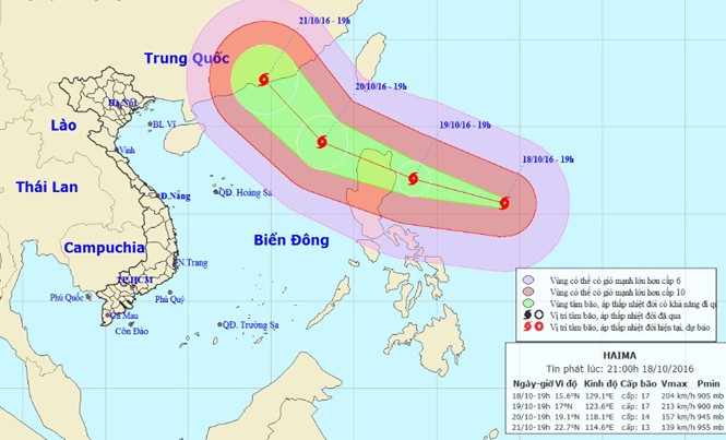 Siêu bão giật trên cấp 17 nối đuôi bão số 7 tiến vào biển Đông Vị trí và dự báo đường đi của siêu bão Haima. Nguồn: Trung tâm dự báo khí tượng thủy văn Trung ương.