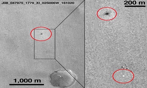 Tàu NASA tìm thấy robot đổ bộ vùi xác trên sao Hỏa Ảnh chụp nơi robot Schiaparelli đâm xuống bề mặt sao Hỏa. Ảnh: NASA.