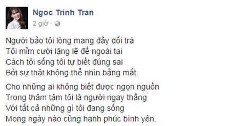 Nguồn gốc bài thơ Ngọc Trinh dùng để phản ứng chuyện yêu Hoàng Kiều Những dòng trạng thái bằng thơ của Ngọc Trinh - Nguồn: Internet.