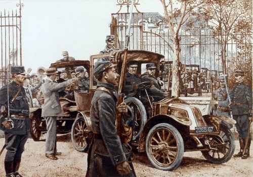 Sự thật về đoàn xe taxi giải cứu thủ đô Pháp trong Thế chiến I Tranh vẽ về đoàn taxi Marne. Ảnh: Blogspot.