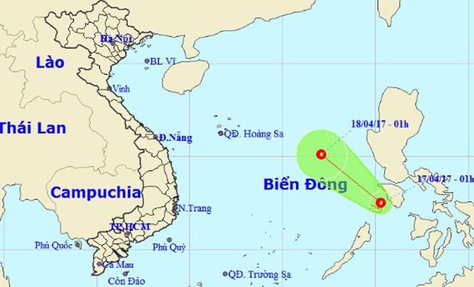 Áp thấp nhiệt đới hướng vào biển Đông, miền Bắc có mưa dông Vị trí và đường đi của áp thấp nhiệt đới. Nguồn: nchmf.gov.vn.