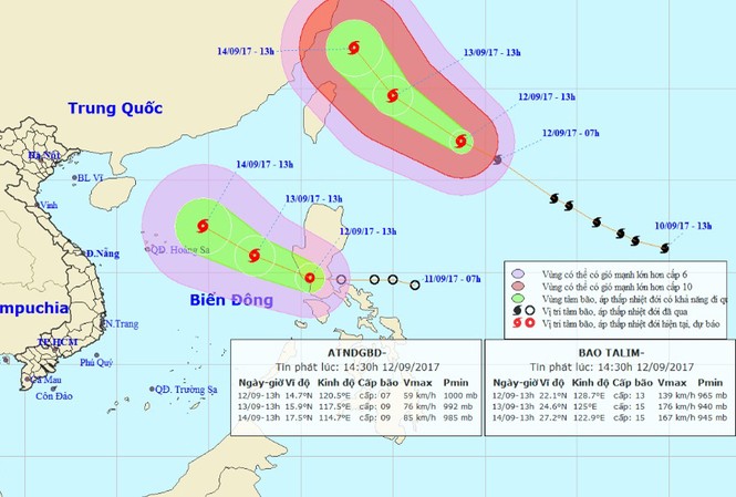 Vào Biển Đông, áp thấp nhiệt đới có khả năng mạnh lên thành bão Vị trí, hướng di chuyển của bão Talim (hình trên) và áp thấp nhiệt đới. Ảnh: NCHMF.