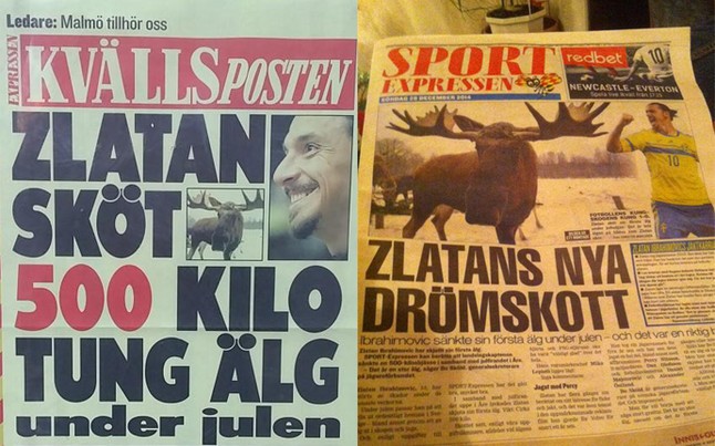 Ibrahimovic bắn 'một phát trúng tim' nai rừng nặng nửa tấn Tờ Expressen đưa tin về vụ bắn chết nai rừng của Ibra.