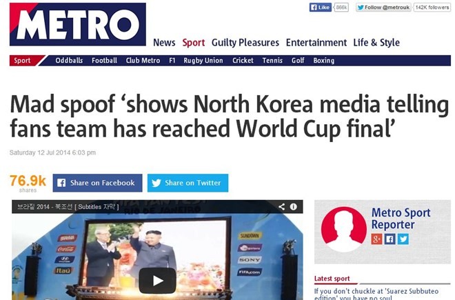 Sự thật vụ Triều Tiên thắng Nhật 7 - 0 tại World Cup 2014 Bài báo viết về Triều Tiên trên tờ Metro (Anh)