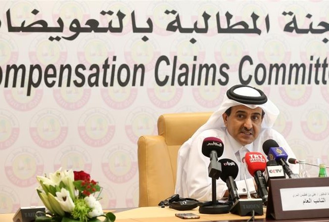 Qatar thuê công ty luật nước ngoài đòi vùng Vịnh bồi thường hàng tỷ USD Bộ trưởng Tư pháp Qatar Ali bin Fetais Al-Marri trong buổi họp báo công bố thành lập Ủy ban đòi bồi thường. Ảnh: AFP