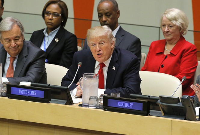 Nga quan ngại về cải cách Liên hợp quốc do Mỹ đề xuất Tổng thống Mỹ Donald Trump phát biểu tại cuộc họp Đại Hội đồng Liên hợp quốc hôm 18/9. Ảnh: Reuters