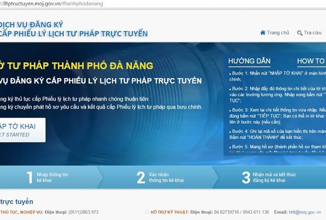 Cấp phiếu lí lịch tư pháp qua dịch vụ bưu chính và trực tuyến Giao diện đăng kí cấp Phiếu lí lịch tư pháp trực tuyến