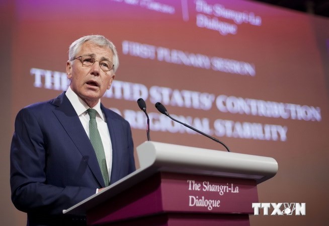 Trung Quốc Bộ trưởng Quốc phòng Mỹ Chuck Hagel phát biểu tại Đối thoại Shangri-La. (Ảnh: AFP/TTXVN)