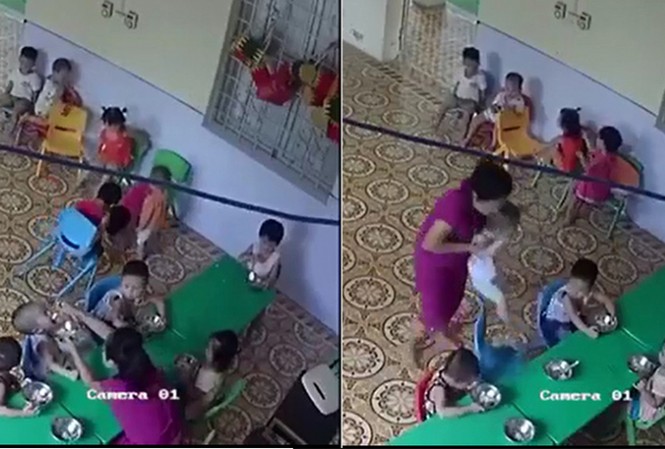 Trẻ mầm non bị nhồi thức ăn, đánh tới tấp Giáo viên mầm non nhồi nhét thức ăn, đánh không thương tiếc bé trai 2 tuổi ở Hà Nội.(Ảnh: cắt từ clip).