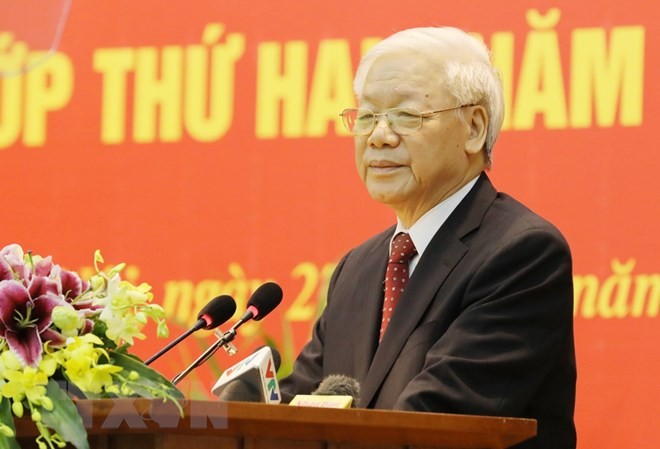 Khai giảng lớp bồi dưỡng kiến thức cho các Ủy viên Trung ương Đảng Tổng Bí thư Nguyễn Phú Trọng phát biệu tại lễ khai giảng (ảnh TTXVN)