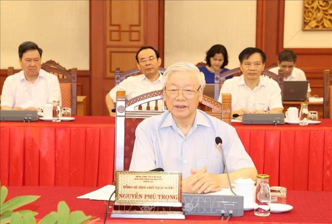 Tổng Bí thư, Chủ tịch nước Nguyễn Phú Trọng chủ trì cuộc làm việc của tập thể Bộ Chính trị với Ban Thường vụ Thành ủy Hà Nội (ảnh TTXVN)