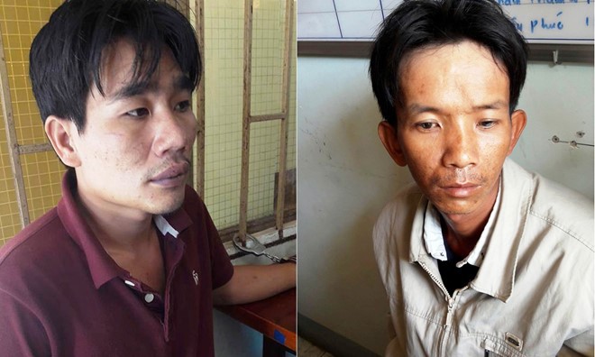 Bắt giam 2 nghi can giết người, thả xác trôi sông Toàn và Tình tại cơ quan công an. Ảnh: H.Lê.