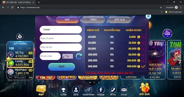 Lại xuất hiện thêm một game cờ bạc trá hình trên Internet Huthantai.club tiếp tục sử dụng hình thức đổi thẻ viễn thông lấy tiền trong game như RikVip. Ảnh chụp màn hình