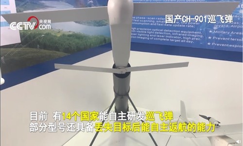 Quân đội Trung Quốc sắm máy bay không người lái tự sát Một máy bay không người lái tự sát CH-901 do quân đội Trung Quốc phát triển đang được trưng bày tại một triển lãm. (Ảnh chụp màn hình Đài truyền hình trung ương Trung Quốc).