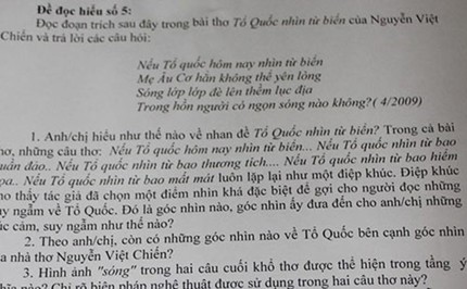 Những lưu ý khi ôn thi về vấn đề biển đảo Một phần đề thi Văn của cô giáo Trịnh Thu Tuyết cho học sinh lớp mình ôn luyện. Ảnh: N.Hạnh