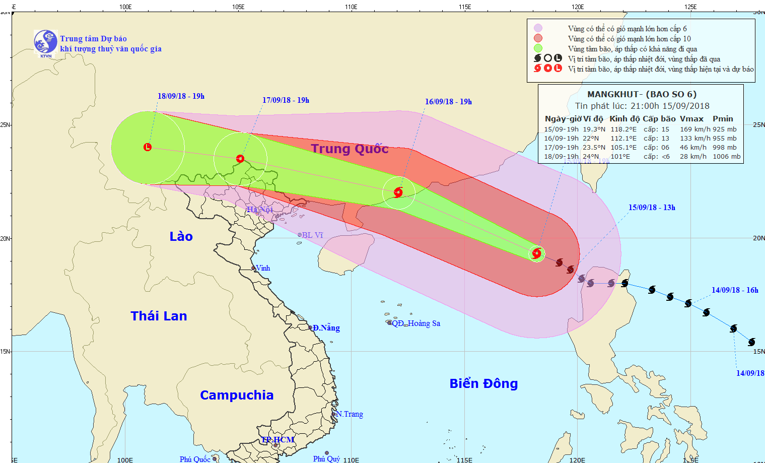 Siêu bão Mangkhut vào Biển Đông, sức gió 170 km/h Đường đi của bão. Ảnh TTKTTV