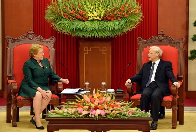 Tổng Bí thư Nguyễn Phú Trọng tiếp Tổng thống Cộng hòa Chile Ảnh: Như Ý