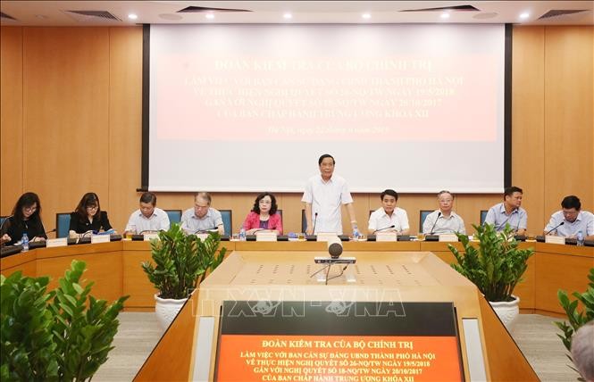 Đoàn kiểm tra của Bộ Chính trị làm việc với Ban cán sự Đảng UBND TP Hà Nội Phó Trưởng ban Thường trực Ban Tổ chức Trung ương Nguyễn Thanh Bình phát biểu chỉ đạo. Ảnh: Lâm Khánh/TTXVN