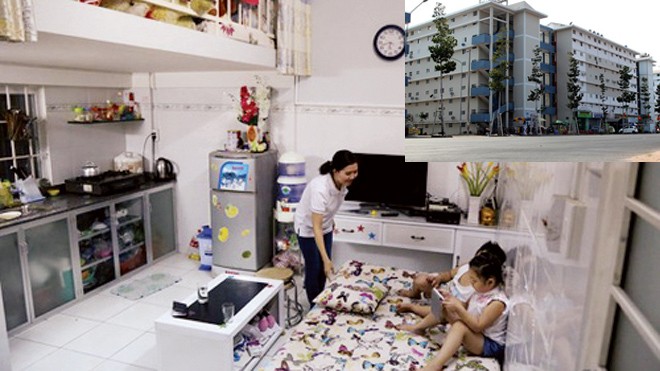 Căn hộ 100 triệu chờ doanh nghiệp vào cuộc Người dân sống trong căn hộ giá 100 triệu đồng (ảnh lớn). Khu nhà an sinh Bình Dương (ảnh nhỏ). Ảnh: T.L.