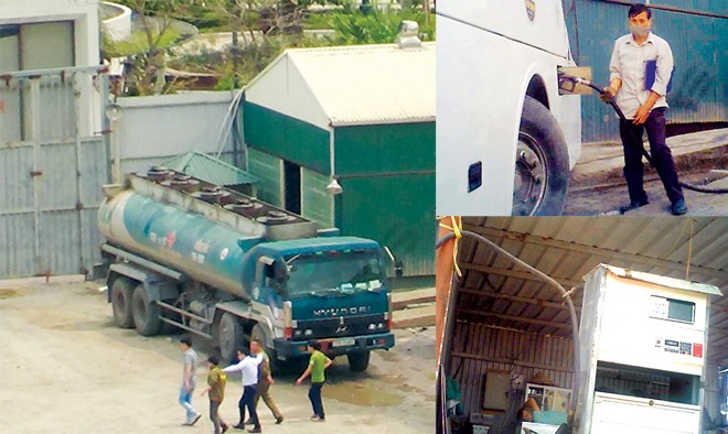 Những cây xăng ẩn mình chờ... cháy Bãi xe và khu vực có cây xăng tại C8, Nam Trung Yên (ảnh lớn); Nhân viên cây xăng tại C8, Nam Trung Yên đang lén lút đổ xăng; Cây xăng của Cty TNHH Thiên Thảo Nguyên được lắp mái che thô sơ (ảnh nhỏ). Ảnh: Tuấn Nguyễn.