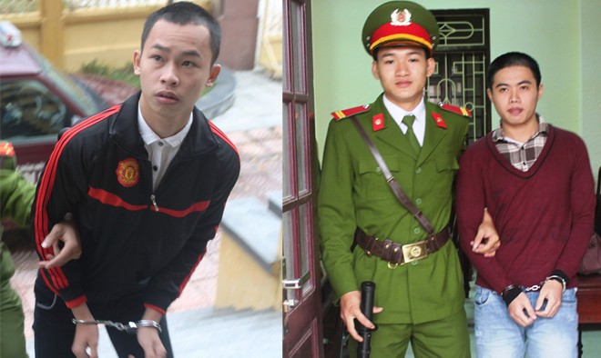 'Tội phạm tàng hình' xứ gió Lào Lê Văn Tư và Cao Văn Hiếu (ở huyện Triệu Phong, là bạn games cũng là đồng phạm lừa đảo qua mạng của Tư) được cảnh sát dẫn giải tới tòa án. Ảnh: H.L.