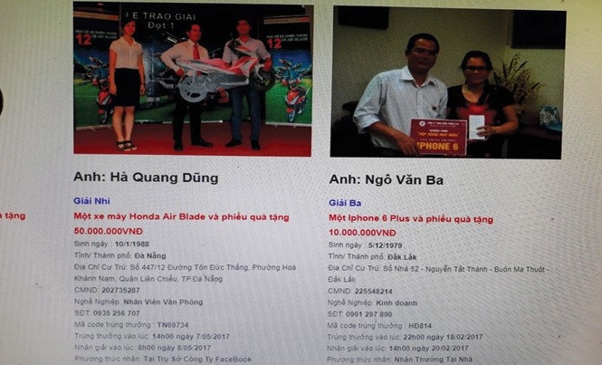 Chiêu trò lừa đảo qua mạng và tin nhắn Facebook Hình ảnh người trúng thưởng được đăng tải trên một website trúng thưởng, tuy nhiên chỉ là giả mạo. Ảnh: Nguyễn Thành.