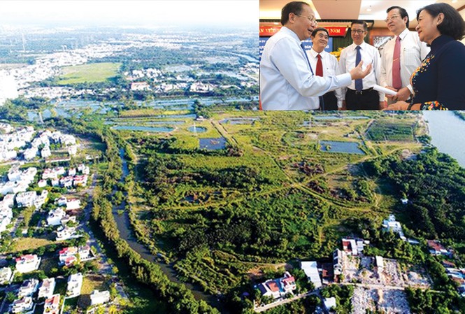 Yêu cầu kiểm điểm trách nhiệm ông Tất Thành Cang Khu đất công hơn 32 ha đã bồi thường giải tỏa được bán với giá 1,29 triệu đồng/m2, thấp hơn nhiều lần so với giá thị trường (ảnh lớn); Phó Bí thư Thường trực Thành uỷ TPHCM Tất Thành Cang (ngoài cùng bên trái). Ảnh: Huy Thịnh.