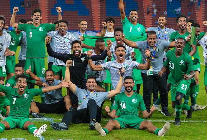 HLV U23 Saudi Arabia tự tin đánh bại U23 Hàn Quốc U23 Saudi Arabia ăn mừng sau chiến thắng ở bán kết. Ảnh: AFC.