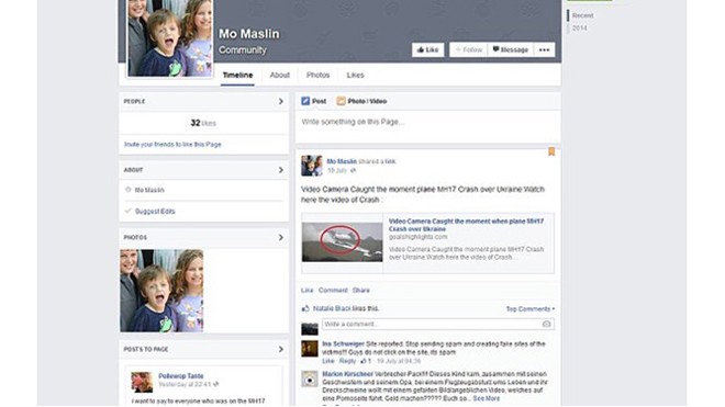 Nhẫn tâm lập Facebook giả nạn nhân MH17 để kiếm quảng cáo Một trong những trang Facebook lừa đảo lợi dụng danh tính của nạn nhân trên chuyến bay MH17.