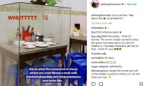 Bức ảnh về bàn ăn bún chả của Obama gây sốt trên Instagram "Đây là nhà hàng ở Hà Nội mà nhóm chúng tôi đã quay bữa tối với đầu bếp Anthony và cựu Tổng thống Obama, còn giờ nó thế này đây", dòng thông tin được gửi kèm trong bức ảnh ghi. Ảnh: Instagram.