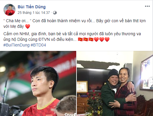 Trung vệ Bùi Tiến Dũng 'Con về quê bán thịt lợn với mẹ đây' Ảnh trên faecbook của Bùi Tiến Dũng