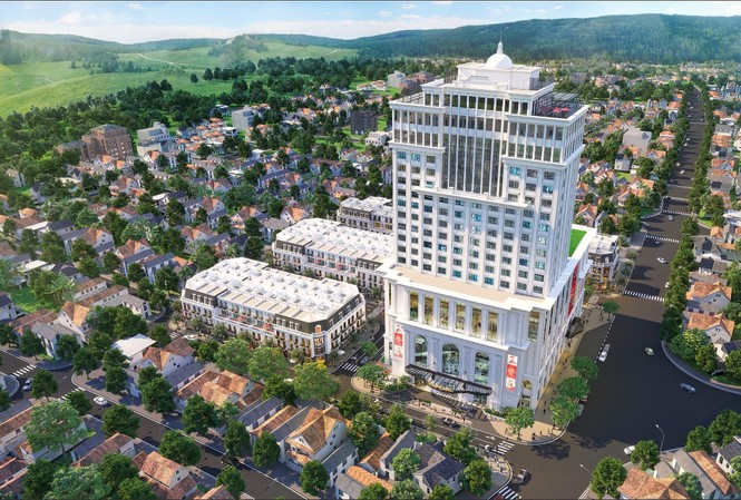 Vingroup chính thức ra mắt Vincom Shophouse Hà Giang Vincom Shophouse Hà Giang nổi bật với khách sạn Vinpearl 20 tầng (Ảnh phối cảnh)