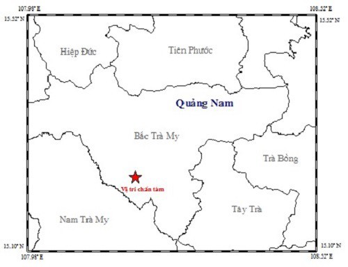 Quảng Nam: Thêm 2 trận động đất liên tiếp gần thủy điện Sông Tranh 2 Vị trí xảy ra động đất tại huyện Bắc Trà My, Quảng Nam. Ảnh Viện Vật lý địa cầu