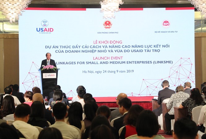 22 triệu USD kết nối chuỗi cung ứng doanh nghiệp nhỏ và vừa Bộ trưởng Chủ nhiệm Văn phòng Chính phủ Mai Tiến Dũng phát biểu tại buổi lễ. Ảnh Nhật Bắc