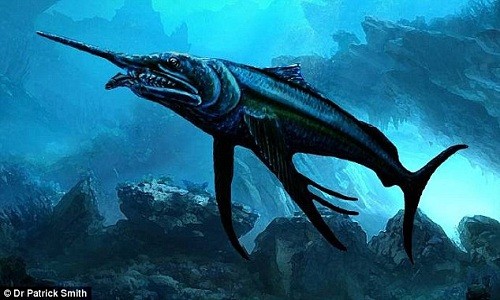 Bộ xương cá kiếm 100 triệu tuổi có hàm răng ngoại cỡ Hóa thạch cá kiếm dài ba mét được tìm thấy ở ngoại ô bang Queensland, Australia. Ảnh: Patrick Smith.