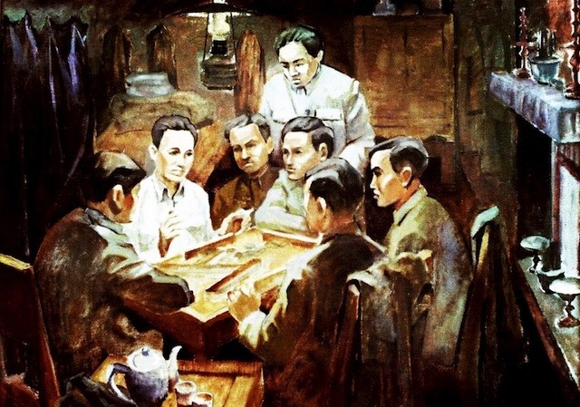 Từ mùa xuân thành lập Đảng năm xưa - Nhớ và suy nghĩ Lãnh tụ Nguyễn Ái Quốc chủ trì Hội nghị thành lập Đảng (Tranh trích từ CDrom Hồ Chí Minh Toàn tập 2001 - Nxb Chính trị Quốc gia).