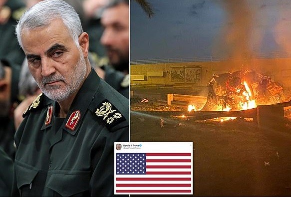 Nghị sĩ Mỹ nói quốc hội không biết ông Trump ra lệnh tấn công tướng Iran Ông Qassem Soleimani (trái) và hiện trường vụ tấn công (phải). Ảnh: Daily Mail