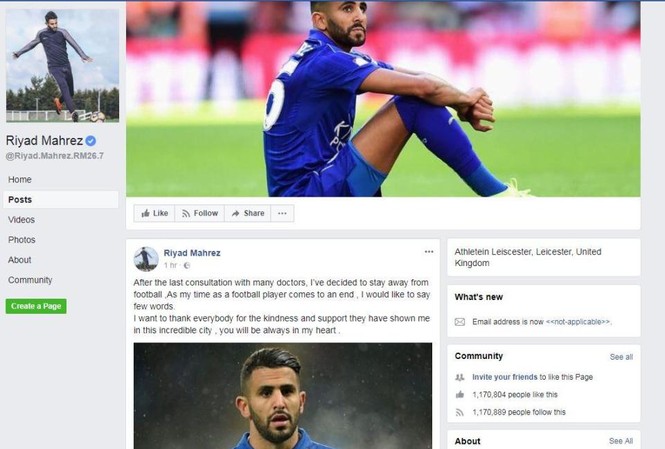 Thực hư chuyện Riyad Mahrez tuyên bố giải nghệ Facebook cá nhân của Riyad Mahrez bất ngờ xuất hiện thông tin tiền vệ này giải nghệ.