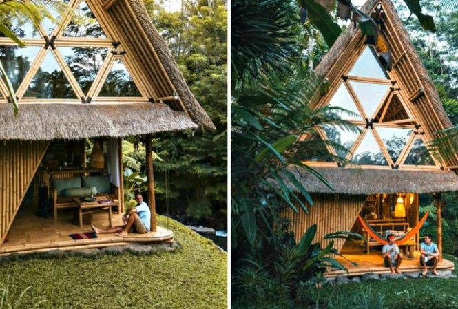 Nhà bằng tre đẹp mê hồn như chốn 'bồng lai tiên cảnh' Nhà được thiết kế hình chữ A rất thanh mảnh